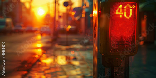 Street thermometer showing 40 Celsius degrees on a city street during heat wave.