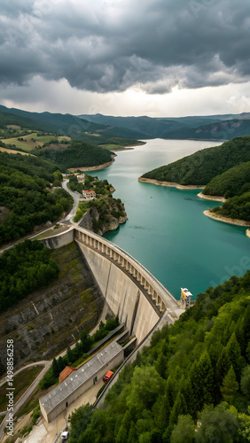 Title: Large Hydroelectric Dam with Turquoise Reservoir Amidst Lush Mountains and Cloudy Skies