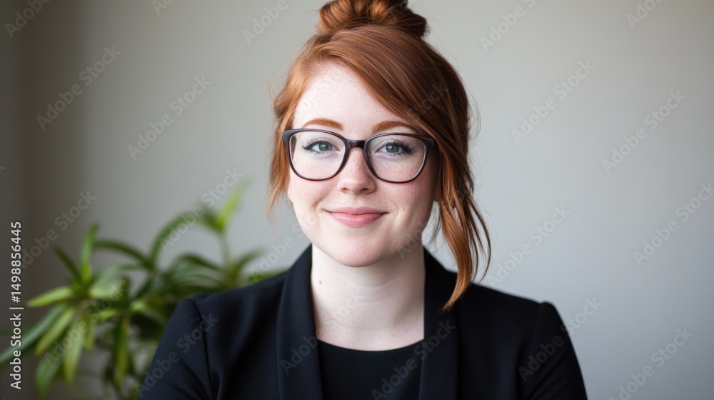 Portrait of red haired person with glasses smiling in studio Portrait of red haired person with glasses smiling in studio