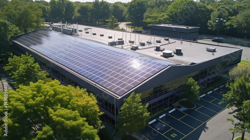 Aerial view of commercial building with solar panels on the roof and surrounding green trees in daytime