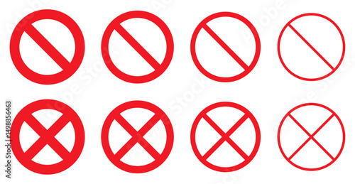 Set of red prohibition and cancel symbols in circle shapes. Includes diagonal and cross lines. Vector illustration for warning, restriction, or error icons. Isolated on white background.