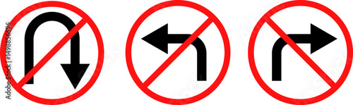 no right, left, u turn sign set. driving navigation icon. traffic direction and Road safety. warning road sign