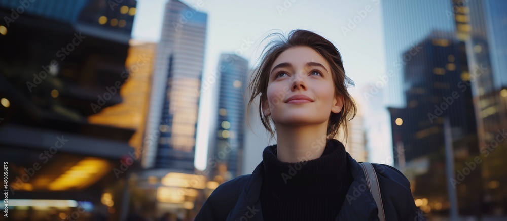 Young woman looking up in urban setting with skyscrapers and sunset glow Young woman looking up in urban setting with skyscrapers and sunset glow