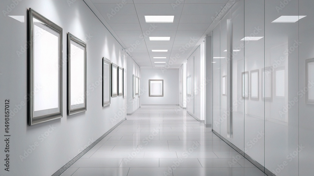 Obraz premium Bright White Office Corridor with Framed Artwork on the Walls