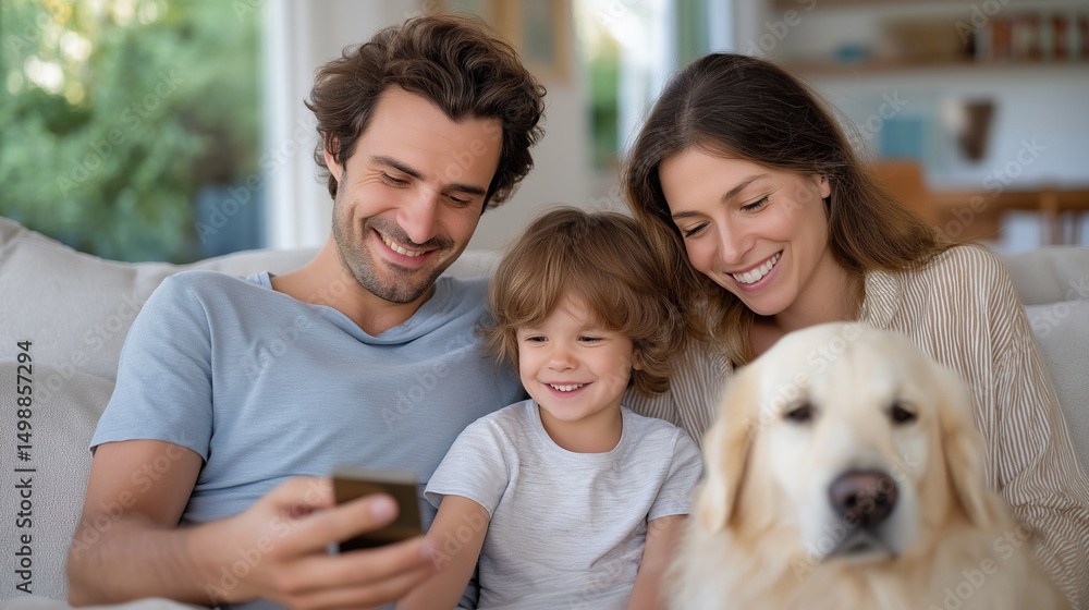 Cozy family bonding in a warm living room with their child and dog Cozy family bonding in a warm living room with their child and dog