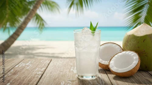 Enjoy a coconut drink served with ice, surrounded by beautiful palm trees on a sunny beach