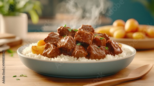 Hearty beef and potato rice bowl garnished with fresh herbs served on a wooden table