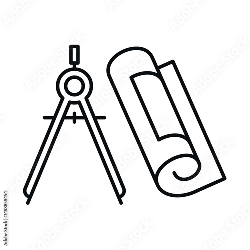 Icon of architectural project tools including compass and folded drawing for design purposes