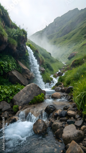 Title: Small Waterfall Cascading Over Rocky Terrain in a Misty Mountain Landscape