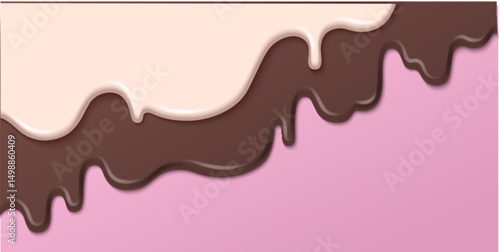 Melted ice cream dripping background - sweet dessert liquid flowing down. Brown chocolate and vanilla flavors running drops. Creamy delicious treat melting. Cold summer snack abstract texture banner.