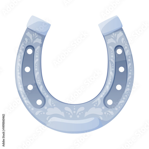 Illustration of a silver cartoon horseshoe that features intricate patterns and creative design and symbolizes good luck and equestrian culture.