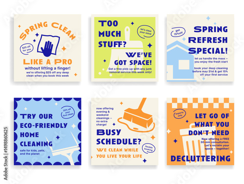 A collection of colorful web banners promoting cleaning service offerings such as eco-friendly cleaning, decluttering, and seasonal specials to fit busy schedules.