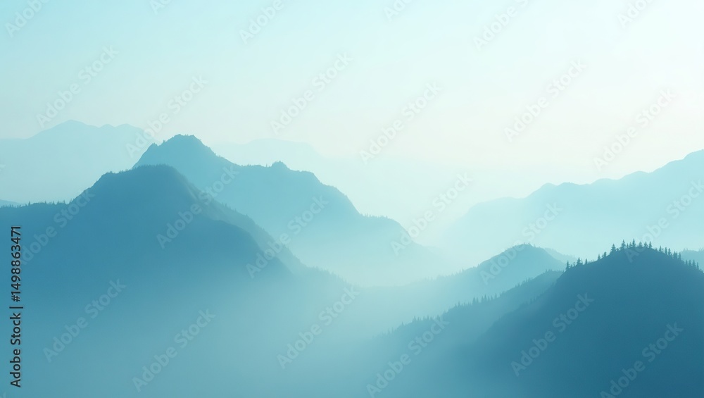 Smooth, serene mountain forms veiled by cascading fog in calming azures and silvers, evoking fluidity and an ethereal, tranquil atmosphere. Smooth, serene mountain forms veiled by cascading fog in calming azures and silvers, evoking fluidity and an ethereal, tranquil atmosphere.