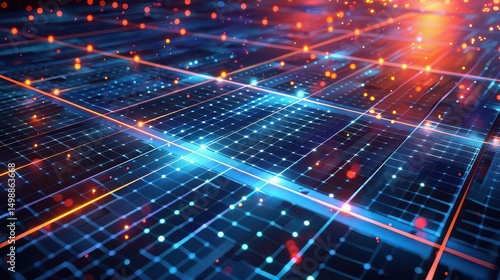 Abstract technological grid with glowing nodes and lines representing data flow and connectivity