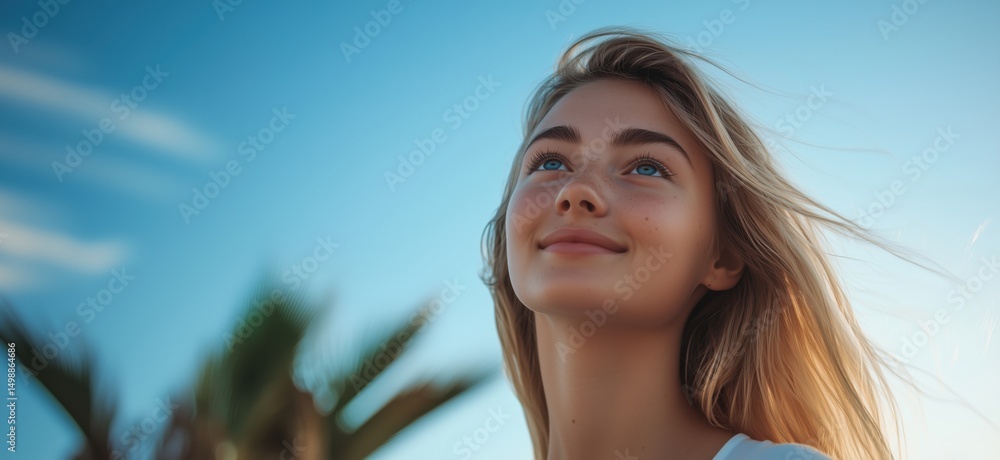 Young woman with long hair smiling against blue sky and palm trees in background Young woman with long hair smiling against blue sky and palm trees in background