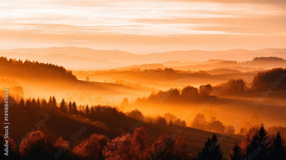 Fototapeta premium Serene autumn landscape at sunset with layered hills and misty valleys, showcasing nature's beauty
