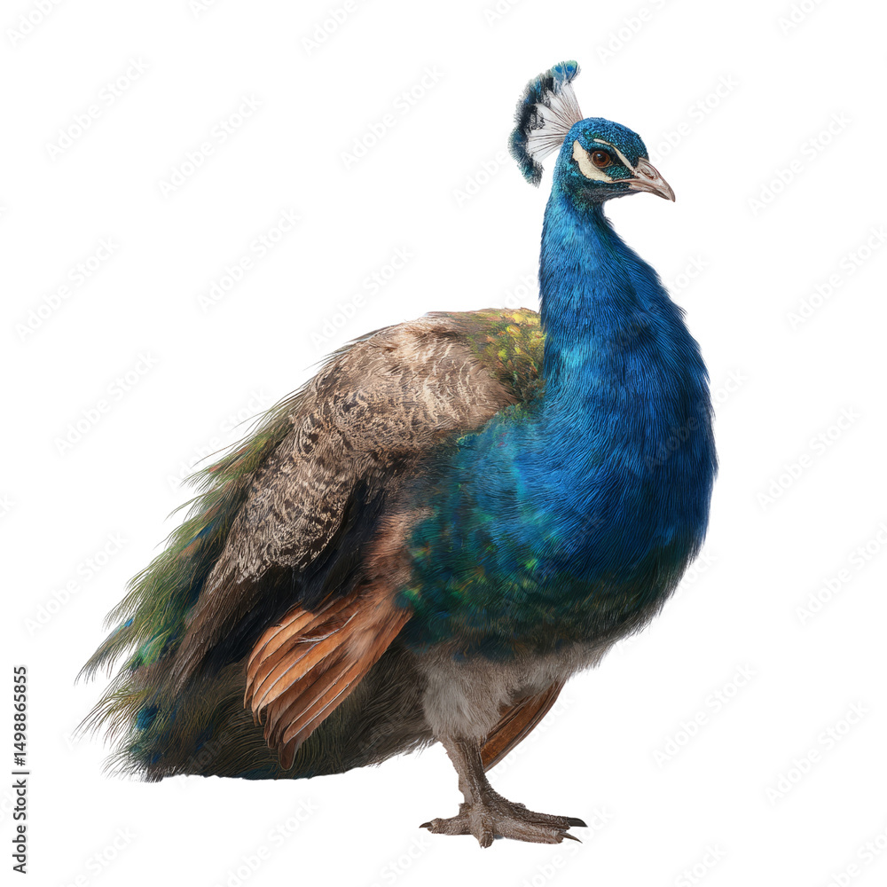 Fototapeta premium Stunning peacock displaying vibrant feathers wildlife photography transparent background nature environment close-up view