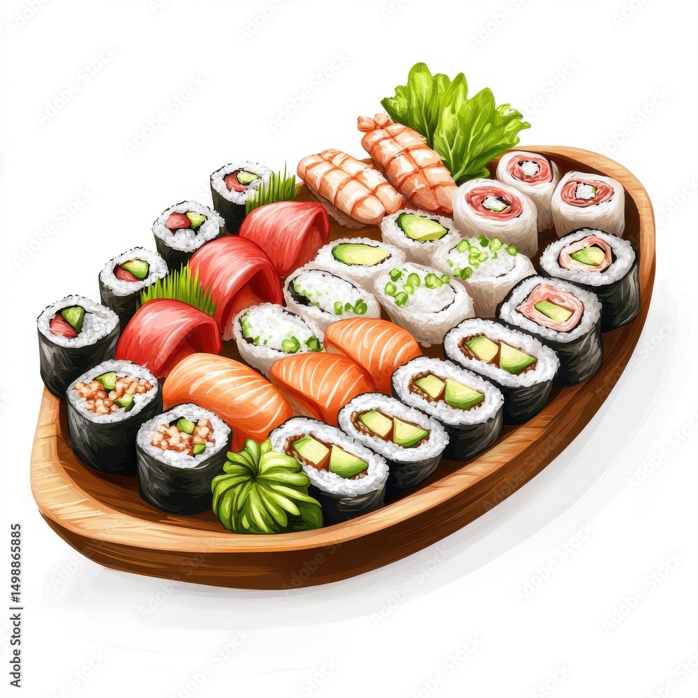 Assorted sushi platter on wooden boat Assorted sushi platter on wooden boat