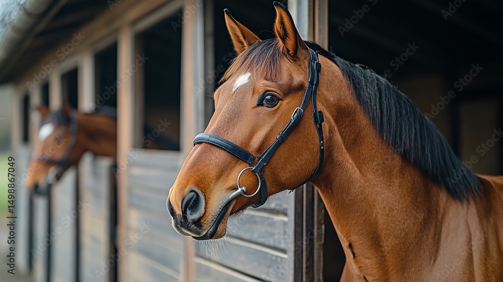 Fototapeta premium A graceful brown horse with a black mane peers from its stable curious and observant capturing the serene beauty of farm