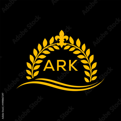 ARK Letter Logo. Luxury Laurel Wreath Logo with ARK Letters on Black Background.
