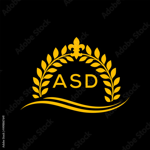 ASD Letter Logo. Luxury Laurel Wreath Logo with ASD Letters on Black Background.
