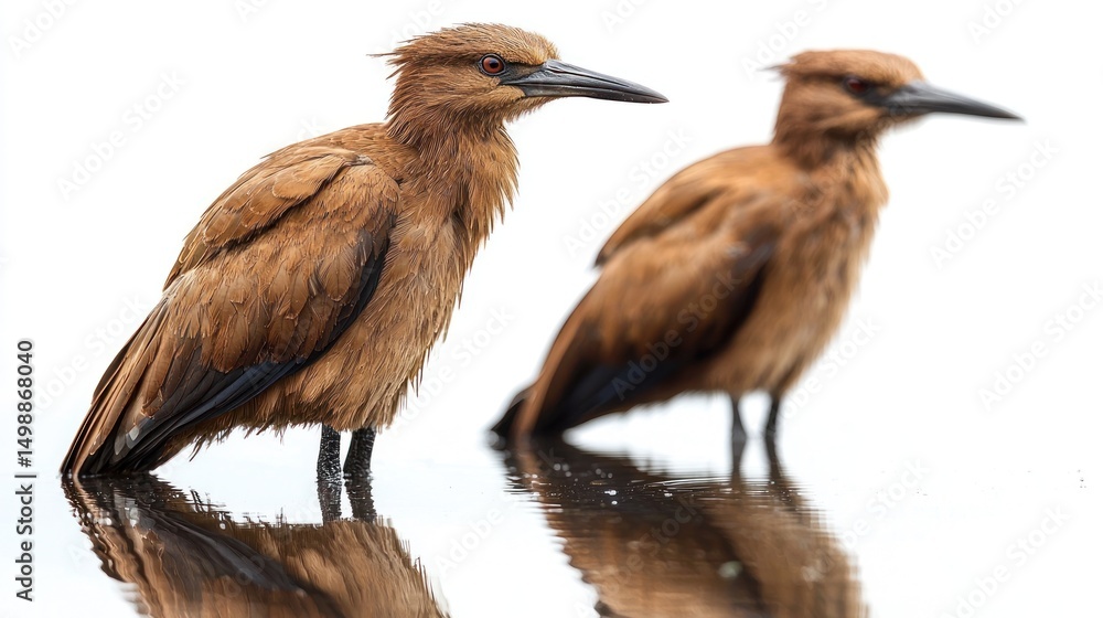 Two brown birds standing in shallow water Two brown birds standing in shallow water