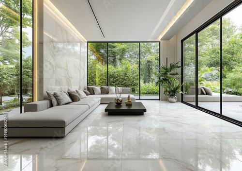 Modern living room interior with large windows and a garden view