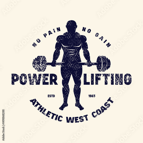Sport emblem with powerlifter silhouette. Graphic design with rough texture for t-shirt. Black print on white background