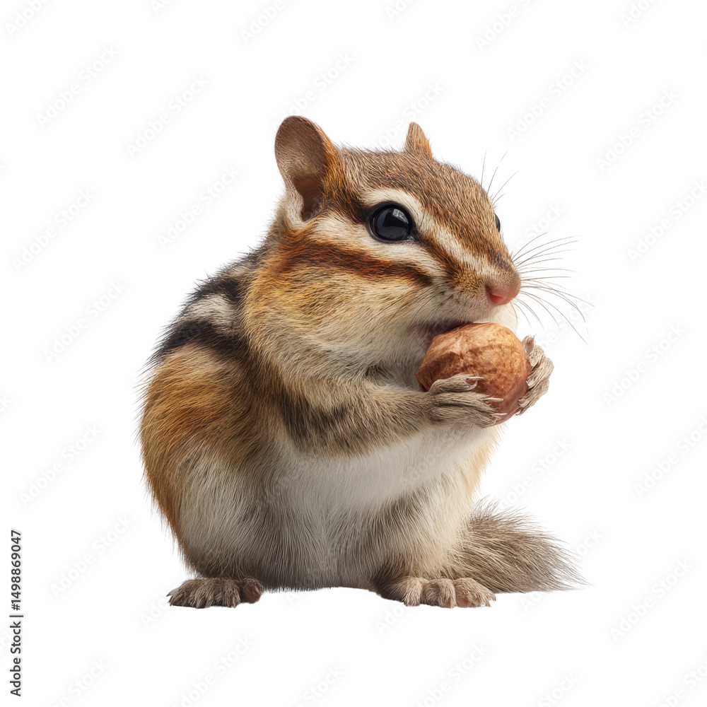 Obraz premium Cute chipmunk holding nut nature setting animal portrait transparent background close-up view vibrant colors