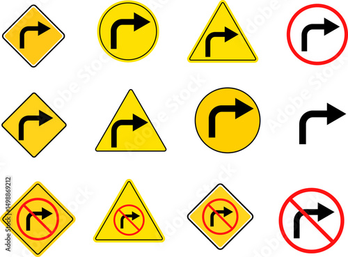 Turn Right and no turn right sign set. Arrow Sign Direction Icon. Road sign indicates. redo process. road signpost symbol