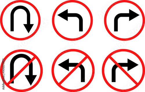 turn Right, Left, U sign set. no turn right, left, u turn signs. driving navigation icon. traffic direction and Road safety. warning road sign

