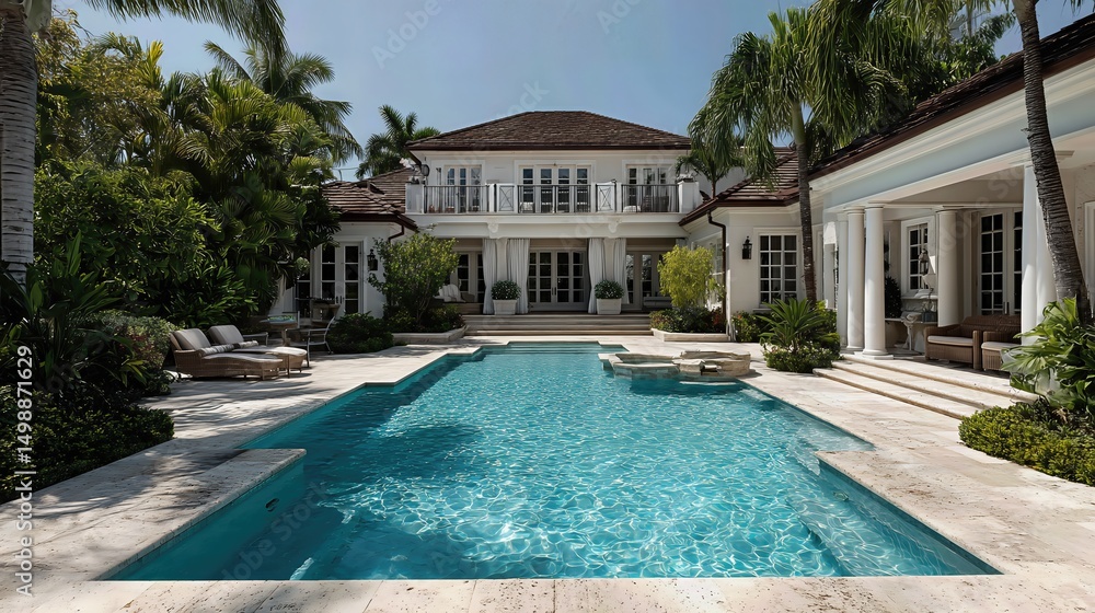 Fototapeta premium A luxury estate features a spacious home with a pristine pool surrounded by elegant landscaping. 