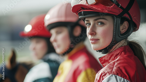Female jockeys in racing gear preparing for competition at racetrack