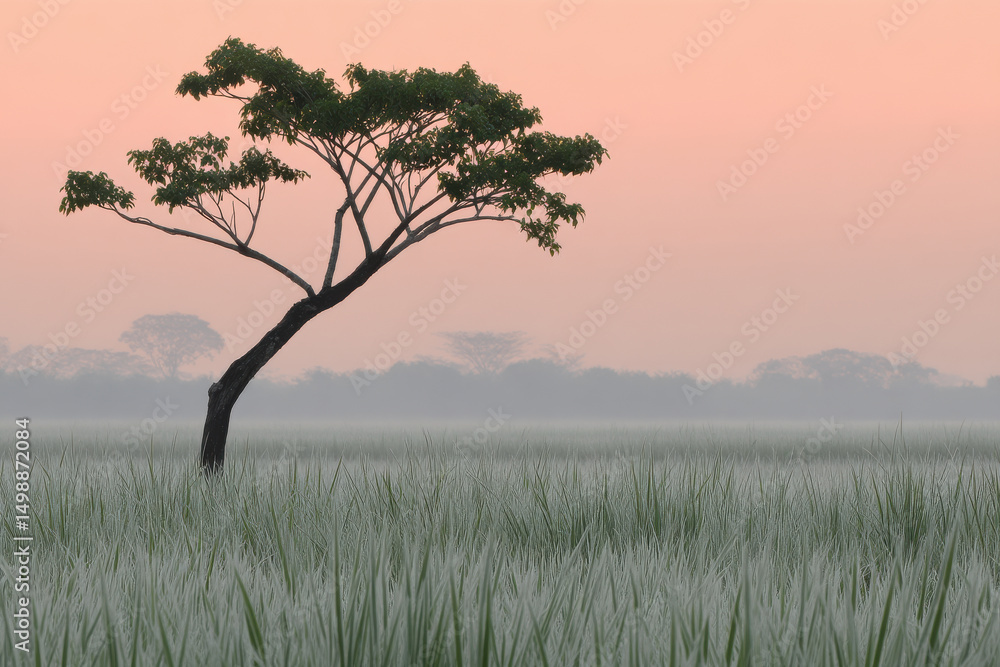 Obraz premium serene dawn on lush meadow with soft pastel colors illuminating sky