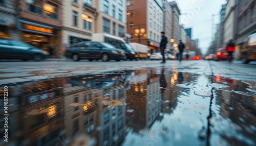 Puddle reflecting city buildings on a wet urban street.