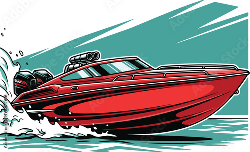 A dynamic and stylish vector illustration of a fast, red cigarette boat speeding across the water