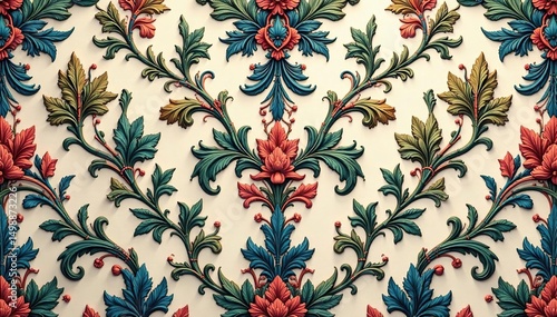 Intricate damask pattern, swirling vines and leaves, interior, swirl