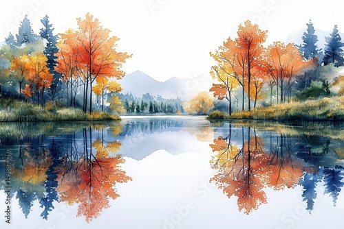 Serene lake surrounded by vibrant autumn trees and mountains reflecting in calm water. Copy space