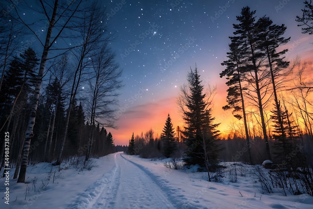 Fototapeta premium Scenic Winter Road at Sunset with Starry Sky and Snow Covered Trees