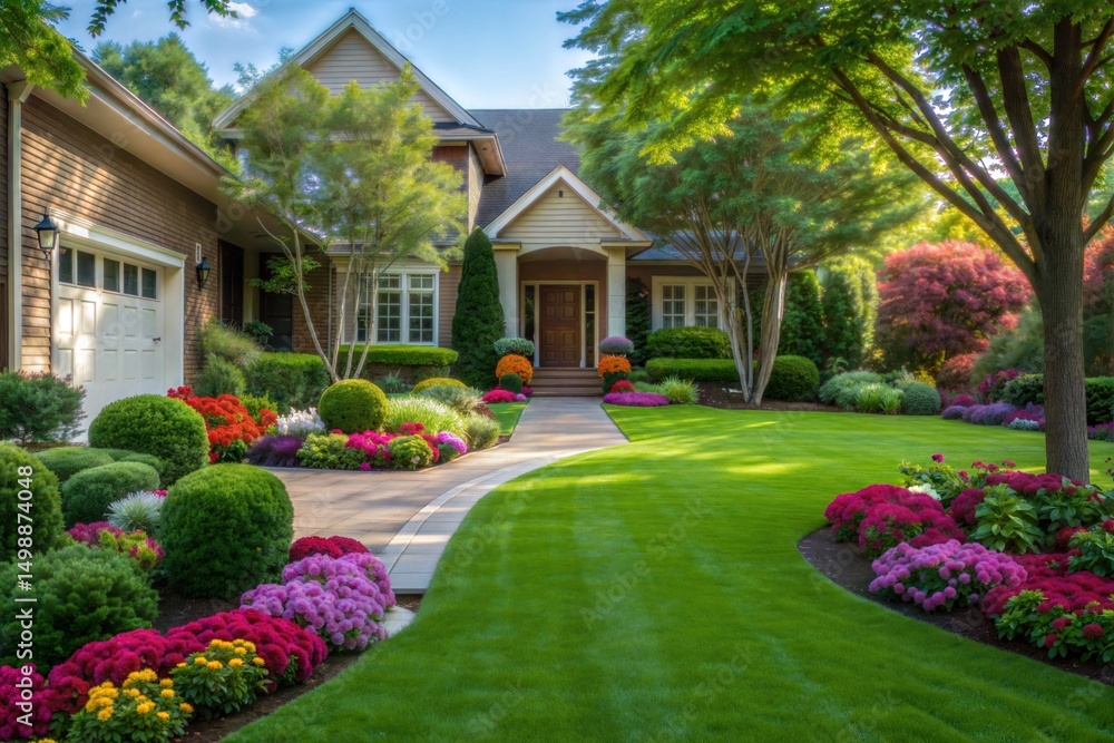 Fototapeta premium Beautiful home exterior with manicured lawn and flower garden