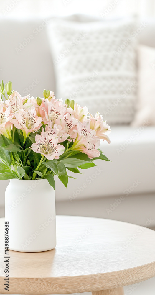 Fototapeta premium A charming, close-up of fresh floral arrangement in vase, infusing a living space with elegance. The setting shows a tranquil living room, conveying freshness and aesthetic appeal.