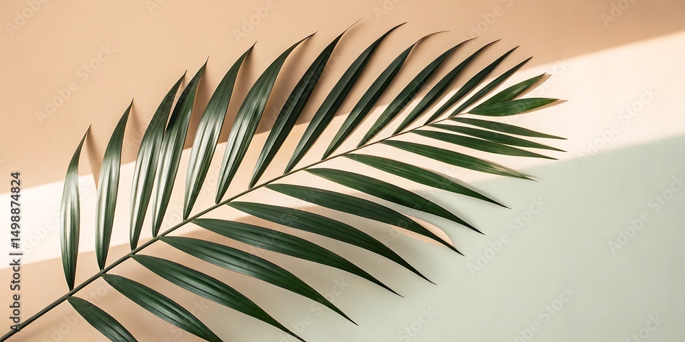 Fototapeta premium Single Palm Frond on Neutral Background with Soft Sunlight Shadow
