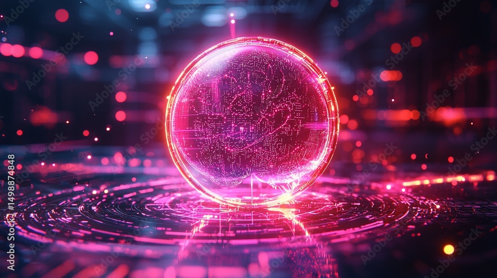 Obraz premium Glowing sphere with intricate internal design rests on a vibrant, circular platform. Surrounded by a futuristic, neon-lit backdrop