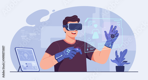 Immersive Virtual Reality Experience Man Interacting with Holographic Interface