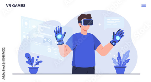 Man wearing VR headset and haptic gloves interacting with virtual interface