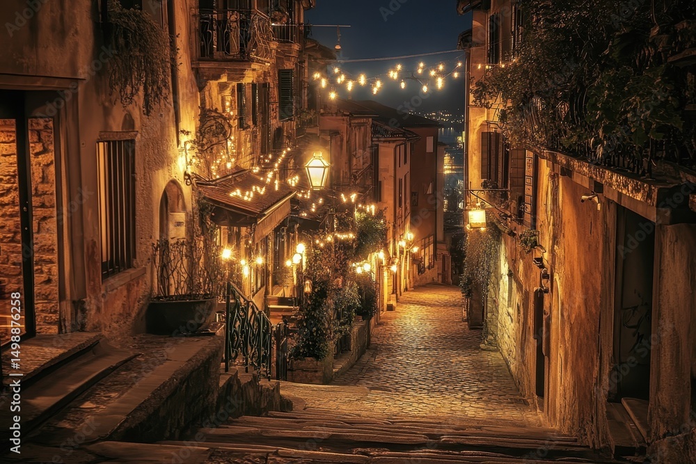 Fototapeta premium Stunning evening view of the enchanting Bassano del Grappa Ponte Vecchio with charming lights illuminating the cobblestone street in Veneto region