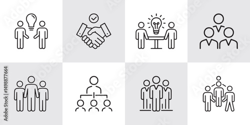 Set of 8 Teamwork and Collaboration Icons Representing Brainstorming, Leadership, Partnership, Group Meetings, Organizational Structure, and Team Unity