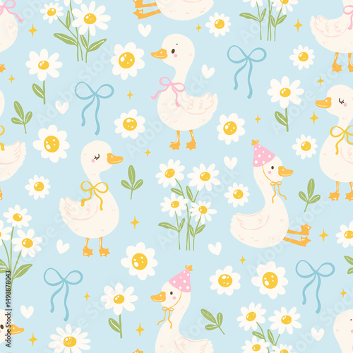Cute Goose Seamless Pattern with Daisies and Ribbons, Kawaii Spring Animal Background, Pastel Nursery Design