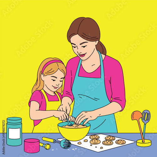 A vibrant vector illustration of a mother and daughter happily baking cookies, set against a bright yellow background