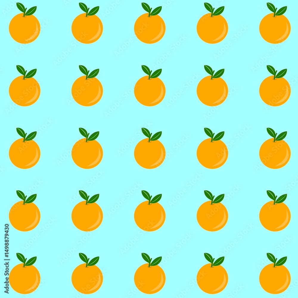 Seamless pattern of oranges with green leaves on a blue background. Perfect for fresh, fruity, and vibrant-themed designs